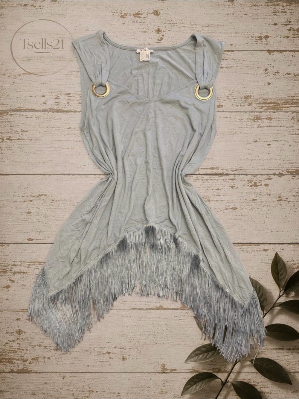 Venus Light Blue Fringe Sharkbite Tunic Tank Top - Size M